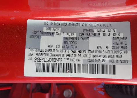 2019 Mazda Mazda3 Preferred Package from USA, damaged, VIN 3MZBPADL2KM105487